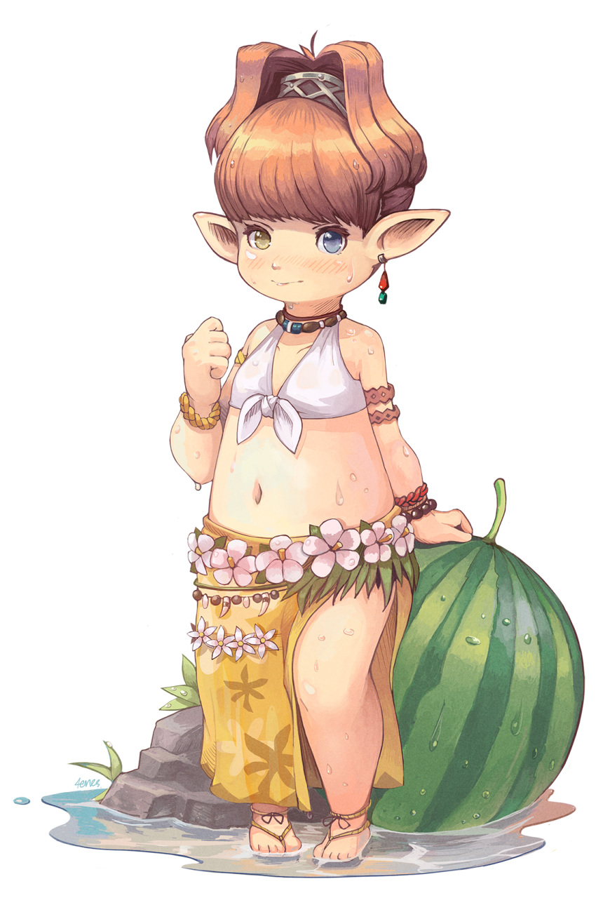 1girl armband bangs bare_legs bikini bikini_top blue_eyes blush bracelet brown_hair earrings final_fantasy final_fantasy_xiv floral_print flower food front-tie_bikini front-tie_top fruit halterneck heterochromia highres jewelry lalafell navel necklace open_toe_shoes pink_flower pointy_ears rock sarong side_slit simple_background sleeveless solo sweat sweatdrop swimsuit tenescross tied_hair water watermelon white_background white_bikini yellow_eyes yellow_sarong