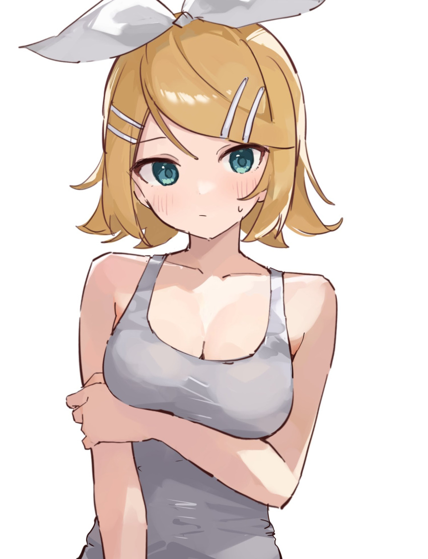 1girl :/ alternate_breast_size arm_under_breasts bare_shoulders blonde_hair blue_eyes blush bow breasts cleavage closed_mouth collarbone dot_nose flipped_hair grey_shirt hair_bow hair_ornament hairclip highres holding_own_arm kagamine_rin looking_at_viewer medium_breasts medium_hair rakugaki_ningen shirt simple_background sleeveless sleeveless_shirt solo straight_hair swept_bangs upper_body vocaloid white_background white_bow