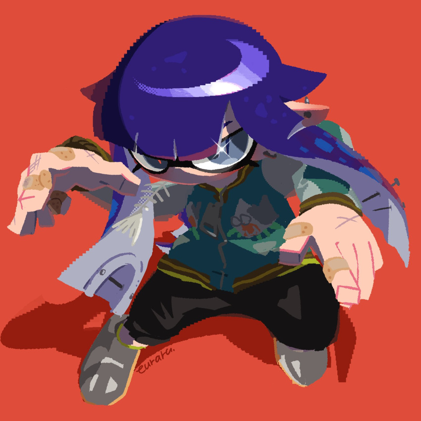 1girl bandaid bandaid_on_hand black_pants ear_piercing euraru fish_bone grey_eyes highres inkling_girl inkling_player_character jacket long_hair long_sleeves looking_at_viewer pants piercing pointy_ears purple_hair red_background scar scar_on_hand shoes signature simple_background solo sparkle splatoon_(series) splatoon_3 standing tentacle_hair