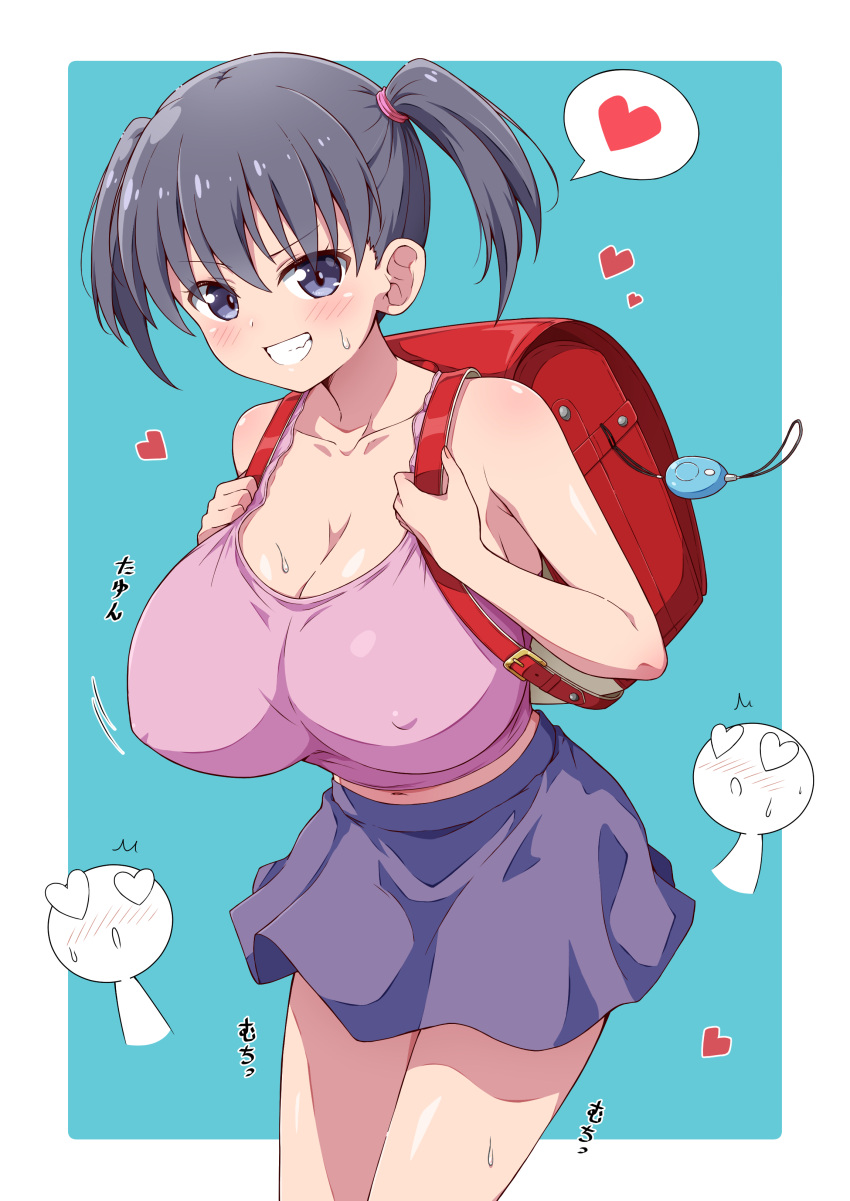 1girl absurdres backpack bag bag_charm black_hair blush border breasts camisole charm_(object) cleavage collarbone commentary_request commission covered_nipples eggman_(pixiv28975023) grin heart heart-shaped_eyes highres huge_breasts looking_at_viewer mesugaki oppai_loli original pink_camisole purple_eyes purple_skirt randoseru short_hair short_twintails simple_background skeb_commission skirt smile solo_focus spoken_heart standing twintails