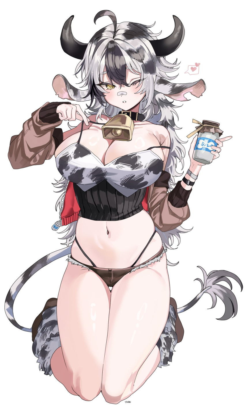 1girl absurdres ahoge animal_collar animal_ears animal_print bandaid bandaid_on_face bandaid_on_nose bare_shoulders bell bikini blush breasts cleavage collar collarbone cow_ears cow_horns cow_print cow_print_bikini cow_tail cowbell cropped_jacket double-parted_bangs full_body hair_between_eyes heart highleg highleg_panties highres horns kneeling large_breasts long_hair looking_at_viewer messy_hair micro_shorts milk multicolored_hair navel neck_bell ohw8g one_eye_closed original panties parted_lips print_bikini print_socks shorts simple_background skindentation socks solo spoken_heart strap_pull swimsuit tail thigh_gap two-tone_hair underbust underwear virtual_youtuber white_background yellow_eyes