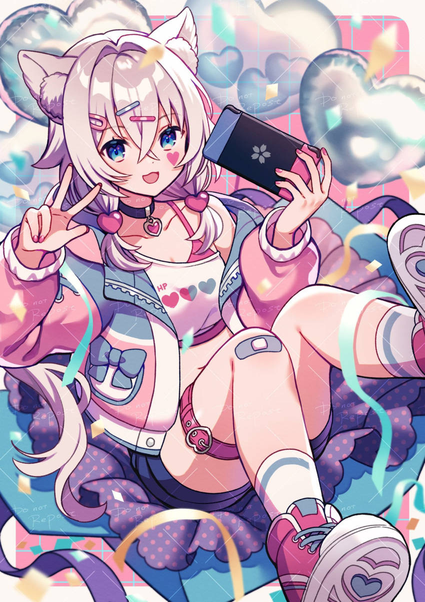 1girl amagi_hana animal_ear_fluff animal_ears blue_eyes cat_ears cat_girl commentary crop_top crossed_bangs dutch_angle facial_mark foot_out_of_frame grey_hair hair_between_eyes hair_intakes hair_ornament hair_over_shoulder hairclip hairpin hand_up handheld_game_console heart heart_facial_mark highres holding holding_handheld_game_console jacket knees_together_feet_apart long_hair long_sleeves looking_at_viewer low_twintails nail_polish navel off_shoulder open_clothes open_jacket original pink_footwear pink_jacket pink_nails shirt shoe_soles shoes sidelocks sneakers socks solo stomach symbol-only_commentary thigh_strap twintails v white_shirt white_socks