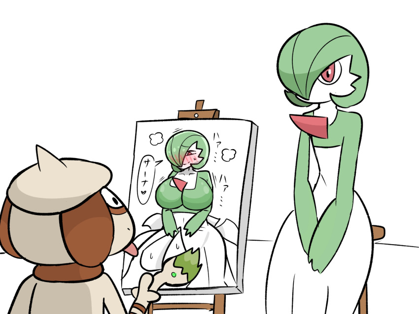 alternate_color blush bob_cut breasts canvas_(object) closed_mouth colored_skin easel flat_chest gardevoir green_hair green_skin hair_over_one_eye hat highres large_breasts modeling multicolored_skin nakineiriko_(dafdafson) one_eye_covered pokemon pokemon_(creature) portrait red_eyes short_hair simple_background smeargle smile stool tail tongue tongue_out two-tone_skin white_skin