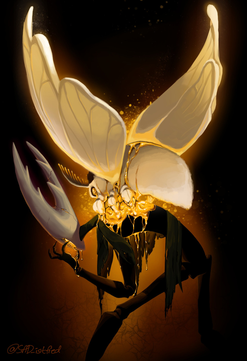 2023 absurd_res ambiguous_anthro ambiguous_feral ambiguous_gender antennae_(anatomy) anthro arthropod black_body bodily_fluids body_horror character_request cracks detailed digital_media_(artwork) digital_painting_(artwork) duo feral food hi_res hollow_knight honey_(food) insect insect_wings lepidopteran lepidopteran_wings moth sad-ist shaded signature team_cherry warm_colors white_body wings yellow_theme