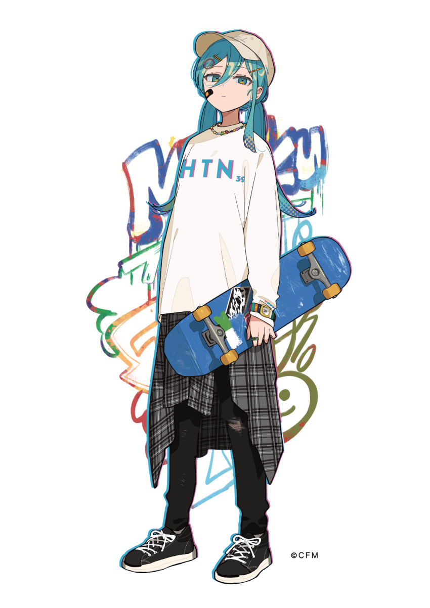 1girl bandaid bandaid_on_face baseball_cap black_footwear black_pants blue_eyes blue_hair checkered_clothes checkered_skirt closed_mouth denim full_body graffiti hair_between_eyes hair_ornament hairclip hassan_(sink916) hat hatsune_miku highres holding holding_skateboard jeans jewelry long_hair long_sleeves looking_at_viewer multicolored_eyes necklace official_art pants ring shirt shoes simple_background skateboard skirt sleeves_past_wrists sneakers solo standing tachi-e torn_clothes torn_jeans torn_pants twintails vocaloid watch white_background white_shirt wristwatch yellow_eyes