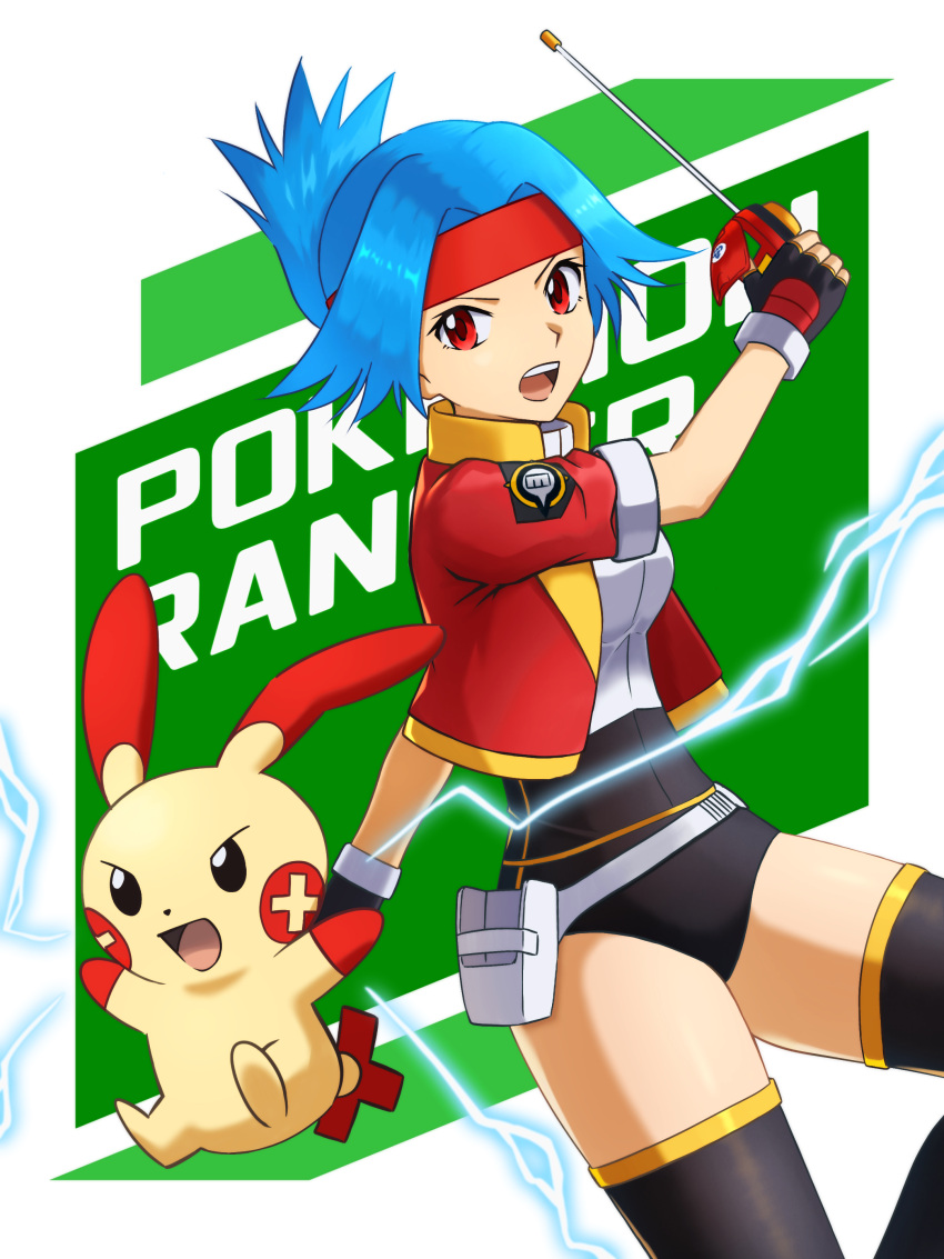 1girl absurdres black_gloves blue_hair commentary_request copyright_name cropped_jacket fingerless_gloves flipped_hair gloves green_background hand_up headband highres holding holster jacket looking_at_viewer open_clothes open_jacket open_mouth plusle pokemon pokemon_(creature) pokemon_ranger ponytail red_eyes red_headband red_jacket sherufu_(natashelves) shirt solana_(pokemon) teeth thighhighs tongue upper_teeth_only white_shirt