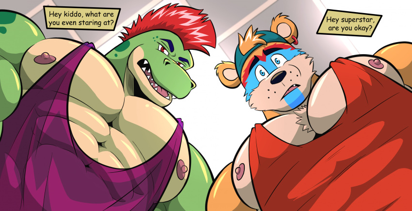 2boys animal_ears bara bear_ears chest_tuft english_text five_nights_at_freddy's foreshortening from_below furrification furry furry_male glamrock_freddy gym highres large_pectorals looking_at_viewer looking_down male_focus meme montgomery_gator multiple_boys muscular muscular_male nipple_slip nipples pectoral_cleavage pectorals photo-referenced purple_tank_top red_tank_top short_hair sidepec tank_top thick_eyebrows upper_body yur_oc_like_this_(meme) zaron_(mezzmarrr)