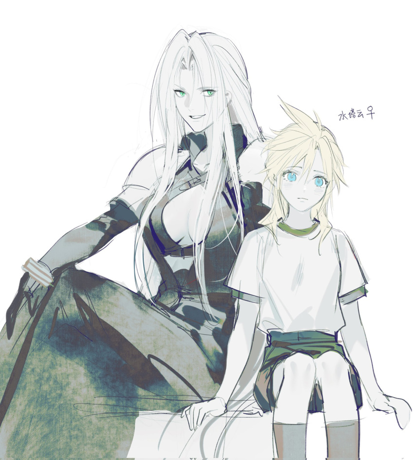 2girls age_difference armor black_coat black_shirt black_shorts blonde_hair breasts chinese_text cleavage cloud_strife coat commentary_request crossed_legs expressionless final_fantasy final_fantasy_vii genderswap genderswap_(mtf) green_hair grin hand_on_own_knee height_difference high_collar highres layered_shirt long_bangs long_hair looking_to_the_side multiple_girls open_clothes open_coat pale_color parted_bangs pauldrons sephiroth shirt shorts shoulder_armor sitting sketch slit_pupils smile spiked_hair thighhighs upper_body very_long_hair white_background white_shirt xianyu314