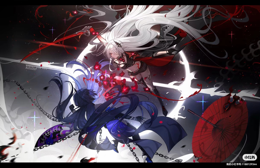 2girls acheron_(honkai:_star_rail) asymmetrical_footwear black_choker black_gloves black_hole black_jacket black_shorts blood blood_from_eyes body_markings boots breasts chain choker cleavage coattails detached_sleeves flower gloves hair_over_one_eye highres honkai:_star_rail honkai_(series) jacket leg_tattoo long_hair midriff multiple_girls navel oil-paper_umbrella purple_hair red_eyes red_flower red_umbrella short_shorts shorts single_bare_shoulder stomach sword tattoo thigh_boots umbrella weapon white_hair yolanda