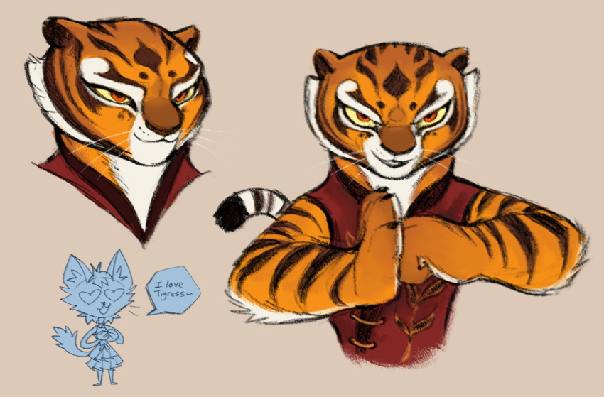 2024 anthro clothing dreamworks felid female fur heart_symbol hi_res kung_fu_panda looking_at_viewer mammal master_tigress orange_body orange_eyes orange_fur pantherine red_clothing smile solo striped_body striped_fur stripes t0byinthesky tiger whiskers white_body white_fur yellow_sclera