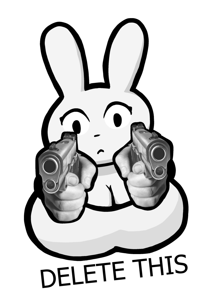 absurd_res alpha_channel anthro big_breasts breasts delet_this english_text female gun hi_res humor lagomorph leporid mammal meme monochrome rabbit ranged_weapon reaction_image solo teabunni text weapon y5