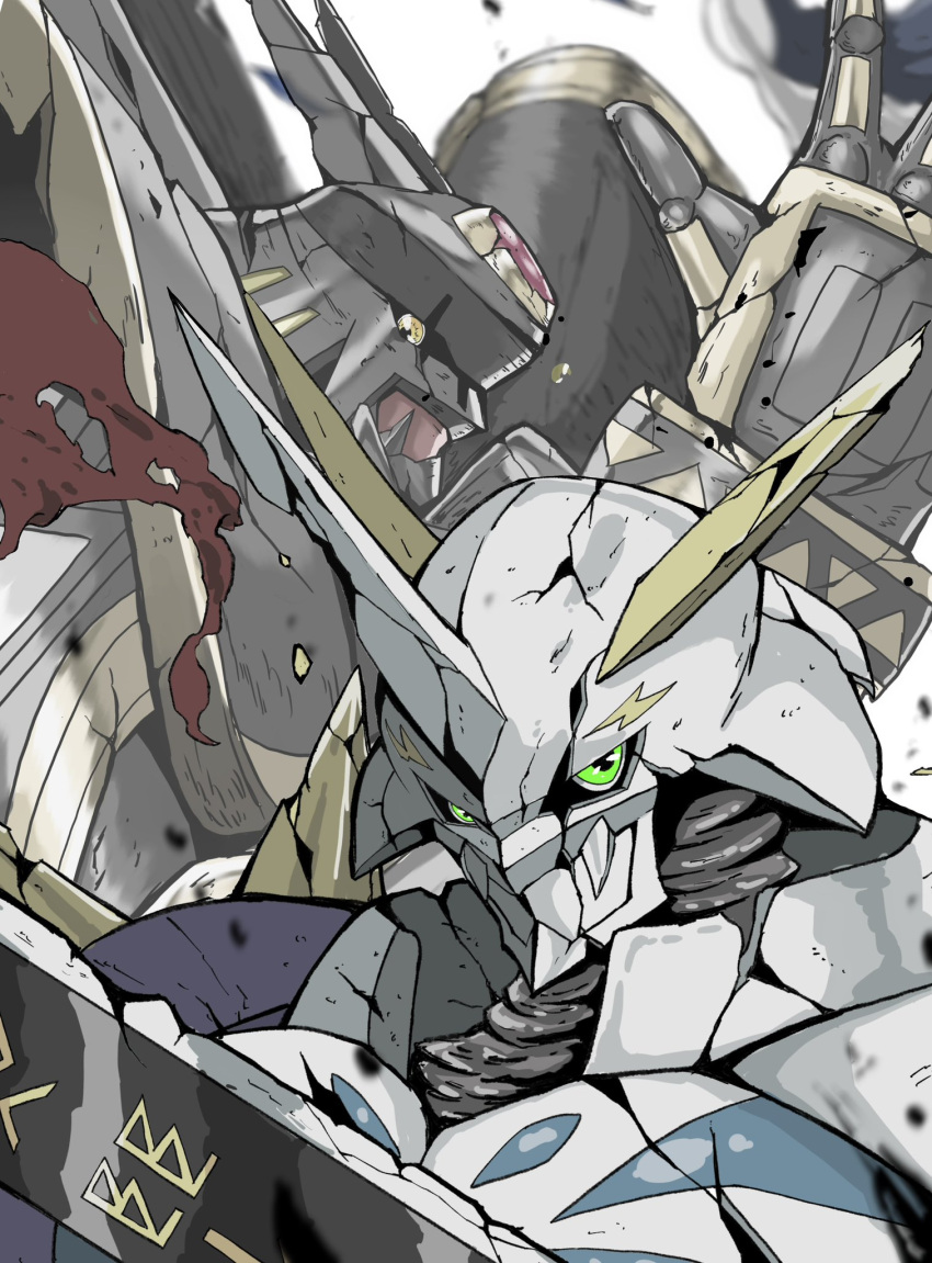 alphamon armor black_armor blurry blurry_background damaged digimon digimon_(creature) forehead_jewel green_eyes highres knight omegamon robot sawa_d shoulder_armor spikes sword trait_connection weapon white_background yellow_eyes