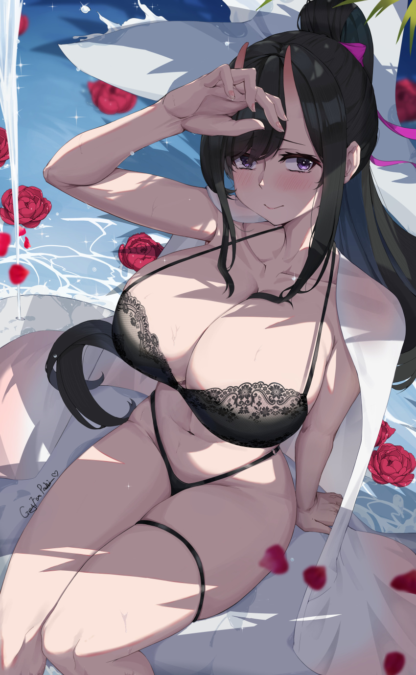 1girl absurdres alternate_breast_size artist_name azur_lane black_bra black_hair black_panties bra breasts cleavage falling_petals flower grayfoxpochi high_ponytail highres horns lace-trimmed_bra lace_trim large_breasts long_hair mixed-language_commentary open_clothes open_shirt panties petals purple_eyes red_flower red_rose rose ryuuhou_(azur_lane) shirt sitting thigh_strap underwear very_long_hair water white_shirt