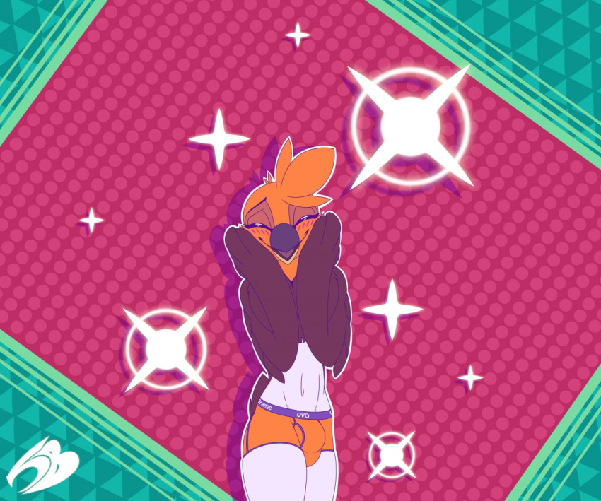 2019 5bitsabuck anthro avian bird blush bottomwear boxer_briefs brown_body brown_feathers cardinal_(bird) cercy clothing dotted_background eyes_closed feather_hands feathers hand_on_head happy male orange_body orange_bottomwear orange_clothing orange_feathers oscine passerine pattern_background purple_bottomwear purple_clothing red-capped_cardinal simple_background slim solo sparkles standing tan_beak tanager tight_clothing underwear white_body white_feathers