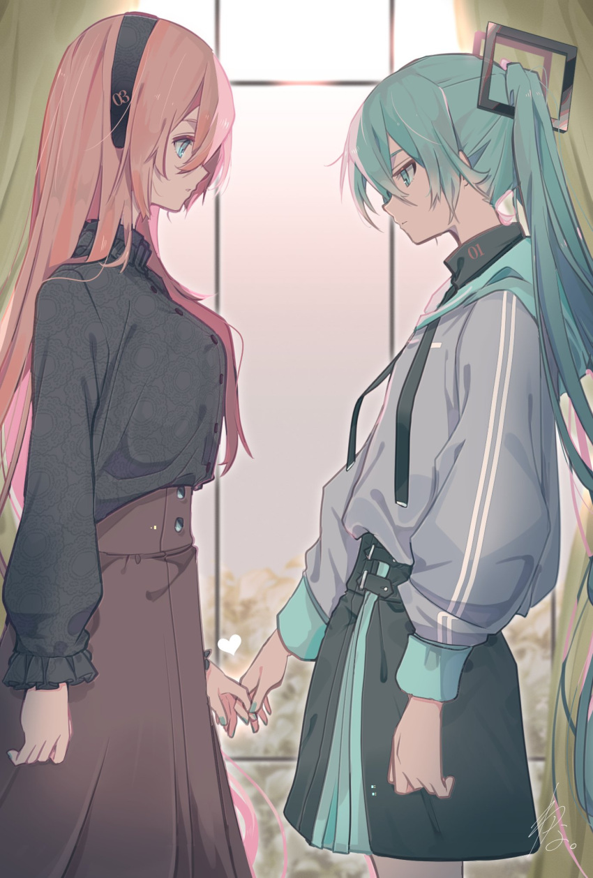 2girls aqua_eyes aqua_hair aqua_nails belt black_hairband black_shirt black_skirt blue_eyes brown_skirt closed_mouth collar curtains frilled_collar frills from_side grey_hoodie hairband hatsune_miku highres holding_hands hood hoodie indoors long_hair long_sleeves looking_at_another looking_down megurine_luka multiple_girls parted_lips pink_hair shirt skirt standing turtleneck twintails vocaloid wanaxtuco yuri