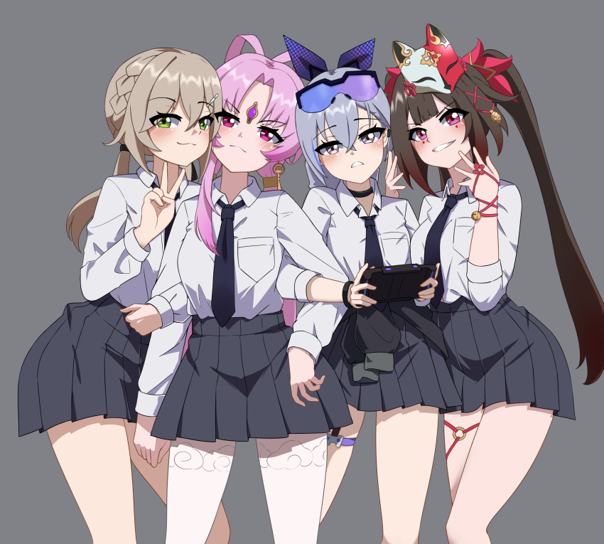 4girls bell black_hair blush breasts brown_hair choker commentary english_commentary eyewear_on_head facial_mark forehead_jewel fox_mask fu_xuan_(honkai:_star_rail) green_eyes grey_background grey_eyes grey_hair grin hair_bell hair_ornament hairclip highres honkai:_star_rail honkai_(series) leovic long_hair looking_at_viewer mask mask_on_head multiple_girls necktie pantyhose pink_eyes pink_hair pleated_skirt qingque_(honkai:_star_rail) school_uniform silver_wolf_(honkai:_star_rail) simple_background skirt smile sparkle_(honkai:_star_rail) string sunglasses twintails v white_pantyhose