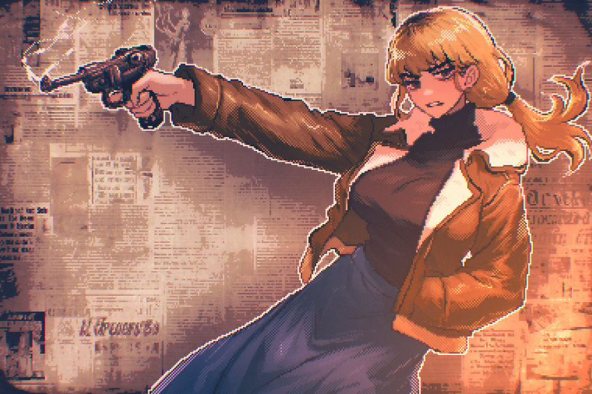 1girl black_shirt bomber_jacket breasts fear_&amp;_hunger fear_&amp;_hunger_2:_termina gun highres holding holding_gun holding_weapon jacket large_breasts long_hair long_skirt low_ponytail shirt skirt solo spoiledmuffin tagme turtleneck weapon