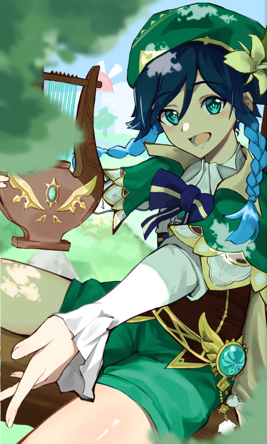 1boy absurdres androgynous bard beret black_hair blue_hair braid brown_corset cape cecilia_flower_(genshin_impact) collared_cape corset flower genshin_impact gradient_hair green_cape green_eyes green_hat green_shorts hat hat_flower highres long_sleeves looking_at_viewer lyre male_focus multicolored_hair open_mouth osashimi_0343x otoko_no_ko shirt short_hair_with_long_locks shorts side_braids smile twin_braids venti_(genshin_impact) vision_(genshin_impact) white_flower white_shirt