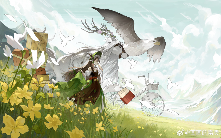 1girl apron basket bicycle bird blue_sky bonnet brown_apron brown_hair cart character_request cloud copyright_request day dress eagle field flower flying_paper grass green_dress green_skirt hat hat_flower highres holding horse hua_hua_de_qiluoluo long_hair long_skirt long_sleeves mountain mountainous_horizon outdoors paper purple_flower shirt skirt skirt_hold sky smile solo suitcase very_long_hair vulture weibo_logo weibo_username white_flower white_shirt yellow_flower