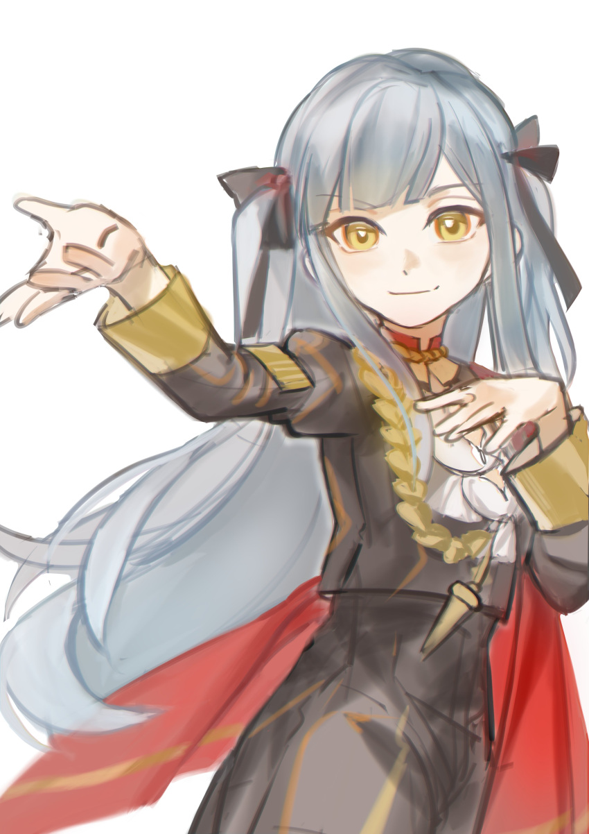 1girl absurdres aiguillette bang_dream! bang_dream!_it's_mygo!!!!! black_jacket black_pants black_ribbon blue_hair cape closed_mouth commentary_request hair_ribbon hand_on_own_chest hands_up highres jacket long_hair long_sleeves looking_at_viewer pants red_cape ribbon simple_background smile solo togawa_sakiko two_side_up white_background yellow_eyes zhao_yifei