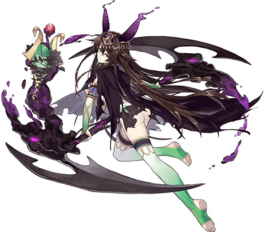 1girl ark_order ass black_cloak breast_curtain breasts bridal_gauntlets brown_hair cloak darkness egyptian elbow_gloves feet full_body gloves gold_trim gradient_legwear green_eyes green_nails green_thighhighs hair_flaps headpiece holding holding_scythe horns kneepits kzhu large_breasts legs liquid_horns long_hair looking_at_viewer official_art osiris_(ark_order) panties purple_horns scythe sidelocks solo stirrup_legwear tachi-e thighhighs toeless_legwear transparent_background underwear variant_set very_long_hair white_panties white_thighhighs