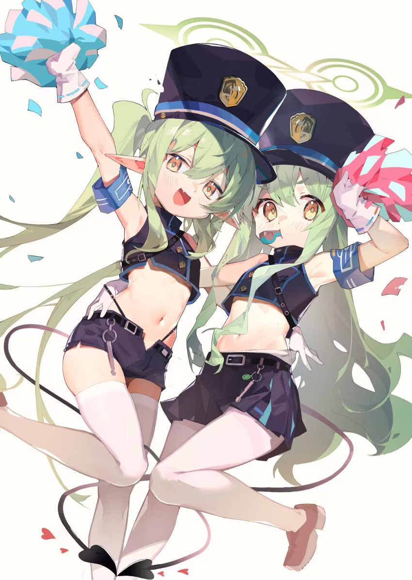 2girls :d arm_around_waist arm_up armband armpits b_zhan_cm_yang belt black_belt black_panties blue_archive blue_armband blue_hat blue_shorts blue_skirt cheerleader commentary_request confetti crop_top demon_tail dutch_angle fang feet_out_of_frame flat_chest floating_hair foot_out_of_frame gloves green_hair green_halo hair_between_eyes halo hat heart highlander_sidelocks_conductor_(blue_archive) highlander_twintails_conductor_(blue_archive) highleg highleg_panties highres holding holding_pom_poms kepi light_blush long_hair looking_at_viewer midriff military_hat miniskirt multiple_girls navel open_fly open_mouth panties panty_straps pantyhose pink_footwear pleated_skirt pointy_ears pom_pom_(cheerleading) shirt shoes short_eyebrows short_shorts shorts simple_background skirt sleeveless sleeveless_shirt smile sneakers standing standing_on_one_leg string_panties tail thighhighs twintails underwear very_long_hair whistle white_background white_gloves white_pantyhose white_thighhighs yellow_eyes