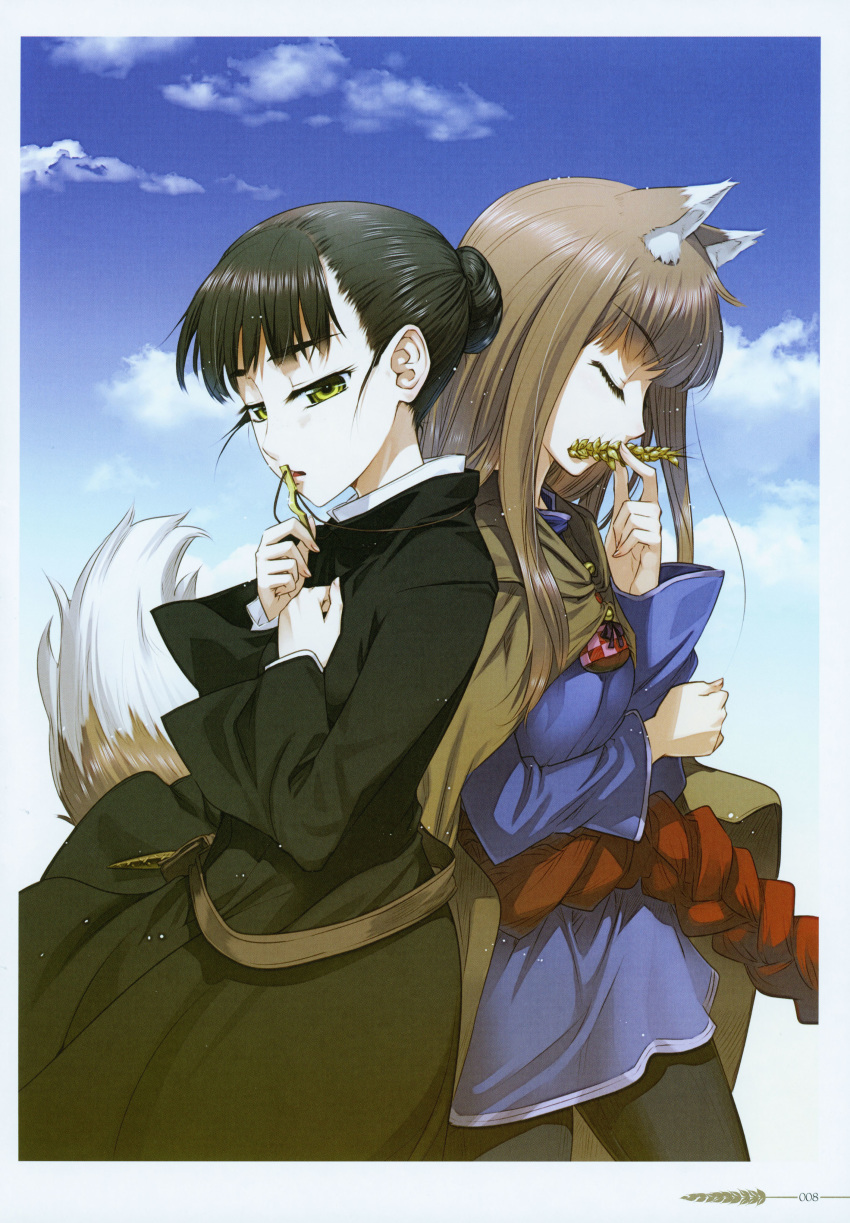2girls absurdres animal_ears back-to-back black_dress black_pants blue_shirt brown_cloak brown_hair cloak closed_eyes dress elsa_schtingheim half-closed_eyes highres holo jewelry koume_keito long_hair long_sleeves multiple_girls necklace nun official_art page_number pants profile scan shiny shiny_hair shirt spice_and_wolf tail tied_hair wolf_ears wolf_girl wolf_tail yellow_eyes