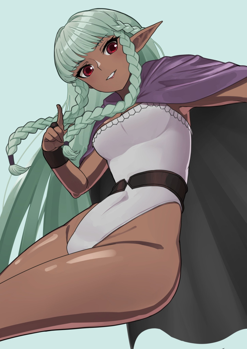 1girl aqua_background aqua_hair black_cape braid breasts cape cleavage dark-skinned_female dark_elf dark_skin elf french_braid hair_intakes highleg highleg_leotard highres kai3_ika leotard lips long_hair medium_breasts pointy_ears purple_cape red_eyes rosalinde_(unicorn_overlord) side_braids simple_background smile solo strapless strapless_leotard two-sided_fabric two-tone_cape unicorn_overlord very_long_hair white_leotard