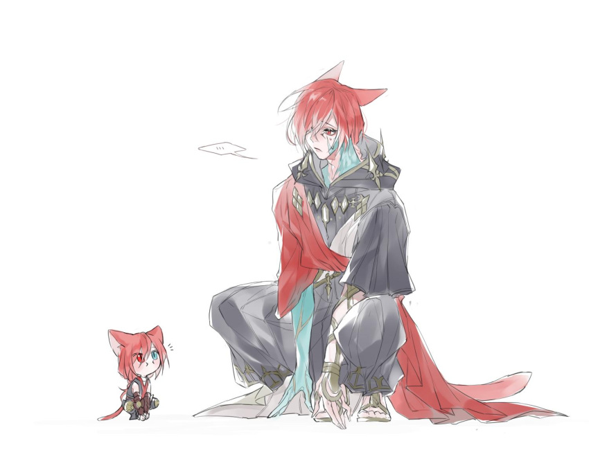 ... 2boys animal_ears cat_ears cat_tail chibi cloak crystal_exarch dual_persona final_fantasy final_fantasy_xiv g'raha_tia hair_over_one_eye heterochromia hood hood_down hooded_cloak material_growth mini_person miniboy miqo'te multiple_boys notice_lines red_eyes red_hair simple_background spoken_ellipsis squatting tail tladpwl03 white_background