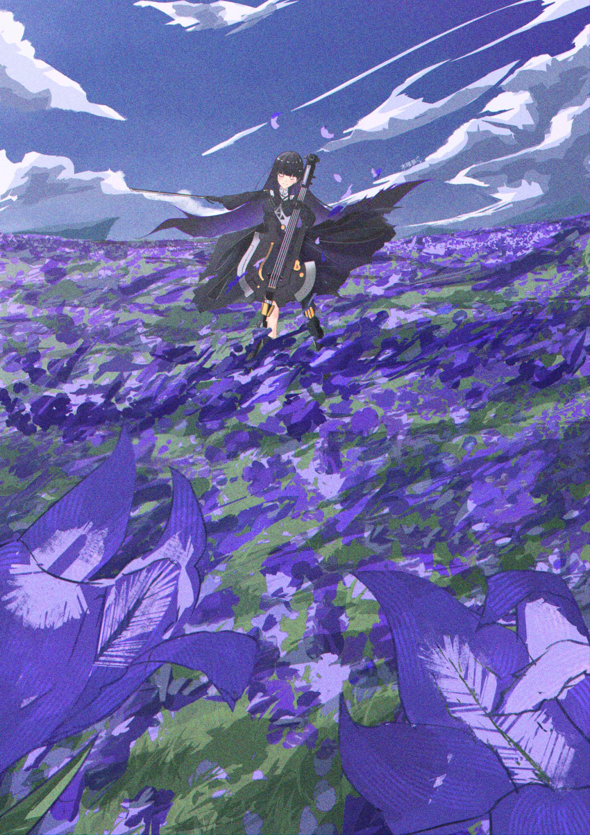 1girl absurdres black_dress black_hair bow_(music) cello closed_eyes cloud dress flower highres holding holding_bow_(music) holding_instrument instrument long_hair long_sleeves mechanical_legs music playing_instrument punishing:_gray_raven purple_flower puyuyan red_flower scenery selena:_tempest_(punishing:_gray_raven) selena_(punishing:_gray_raven) single_mechanical_leg sky solo straight_hair