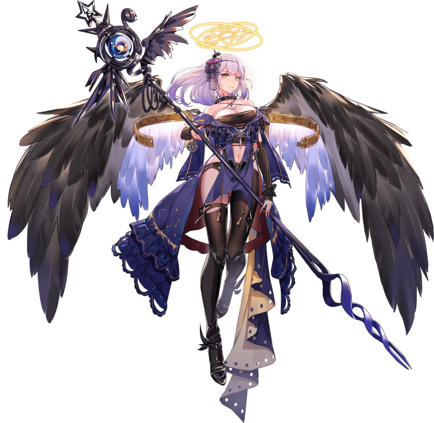 1girl angel ark_order black_wings breasts cleavage flying highres holding holding_staff large_breasts looking_at_viewer lucifer_(ark_order) navel official_art photoshop_(medium) single_thighhigh staff thighhighs wings you_ni_ge_shaobing