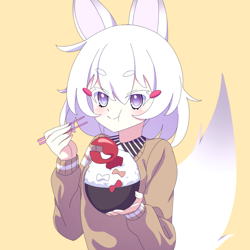 1girl animal_ears cross_(vgne4542) eating fox_ears fox_tail highres phase_connect purple_eyes rice short_hair simple_background solo tail tenma_maemi white_hair