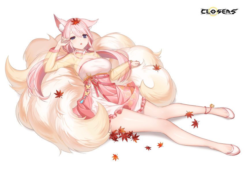 1girl :o alternate_hair_color animal_ear_fluff animal_ears ankle_bell autumn_leaves breasts cleavage cleavage_cutout closers clothing_cutout copyright_name dress ear_down fox_ears fox_girl fox_tail full_body hand_up highres kitsune kyuubi large_breasts layered_dress leaf leaf_on_head levia_(closers) logo long_hair long_sleeves low_twintails lying lying_on_tail maple_leaf multiple_tails no_pupils official_art on_back pink_dress pink_hair purple_eyes rubbing_eyes see-through see-through_sleeves sleepy solo tail twintails two-tone_dress uneven_eyes white_background white_footwear yellow_dress yellow_sleeves yellow_tail