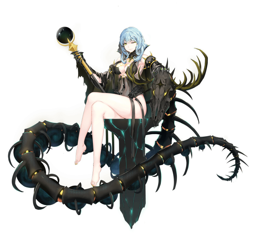 1girl ankle_ribbon antlers ark_order balor_(ark_order) bare_legs bare_shoulders barefoot black_dress black_gloves black_ribbon blue_hair bone breasts closed_mouth clothing_cutout crown deer_skull detached_sleeves dress feet floating floating_object full_body gauntlets glint gloves highres holding holding_staff horns hourai_no_hangentsuki leg_ribbon long_sleeves medium_breasts medium_hair monster no_panties o-ring official_art one_eye_closed pale_skin plantar_flexion ribbon sidelocks sitting skeleton smile solo staff tachi-e throne transparent_background underboob_cutout wide_sleeves yellow_eyes