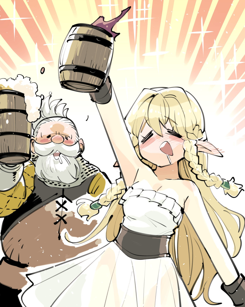 1boy 1girl absurdres alcohol arm_up beard beer beer_mug blonde_hair braid closed_eyes cup dress drinking drunk elf eltolinde facial_hair highres ishiyumi long_hair mordon mug mustache pointy_ears saliva sparkle_background spilling twin_braids unicorn_overlord