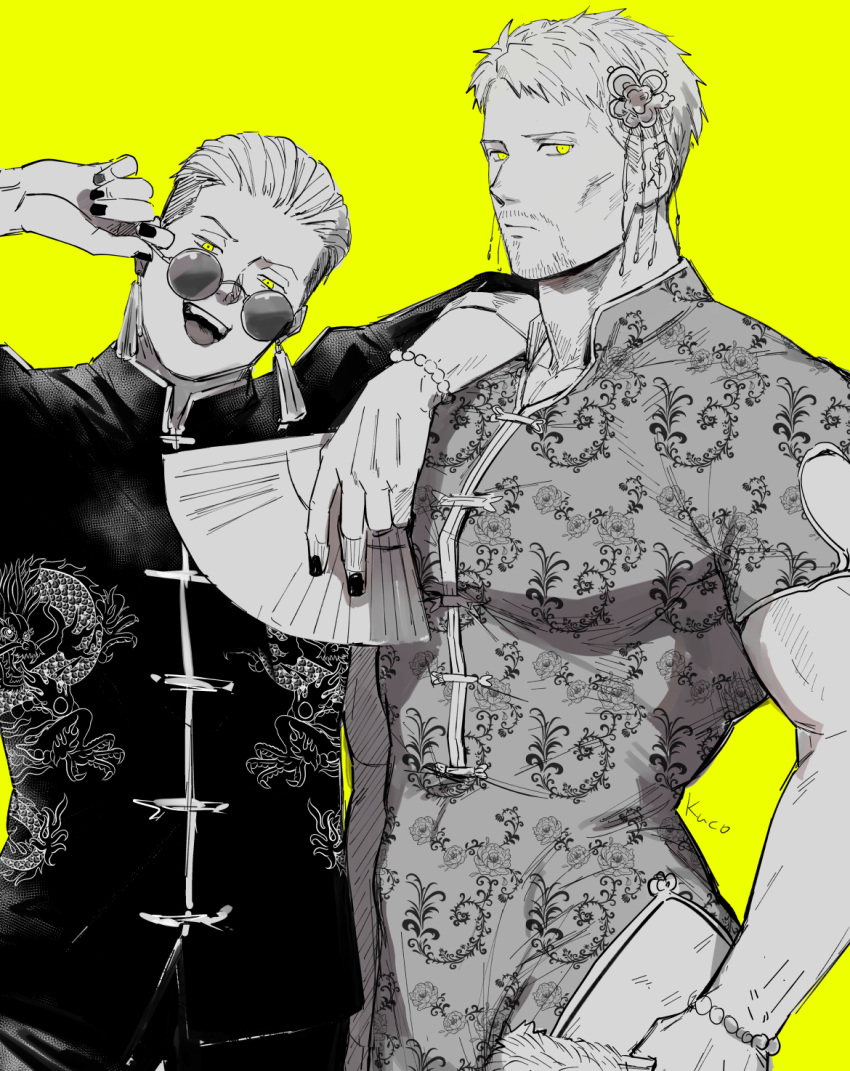 2boys bara china_dress chinese_clothes closed_mouth dress facial_hair flower hair_flower hair_ornament hand_fan highres holding holding_fan kuconoms large_pectorals looking_at_viewer male_focus monochrome multiple_boys muscular muscular_male nail_polish pants pectorals porco_galliard reiner_braun shingeki_no_kyojin shirt short_hair simple_background smile sunglasses tongue tongue_out yellow_background