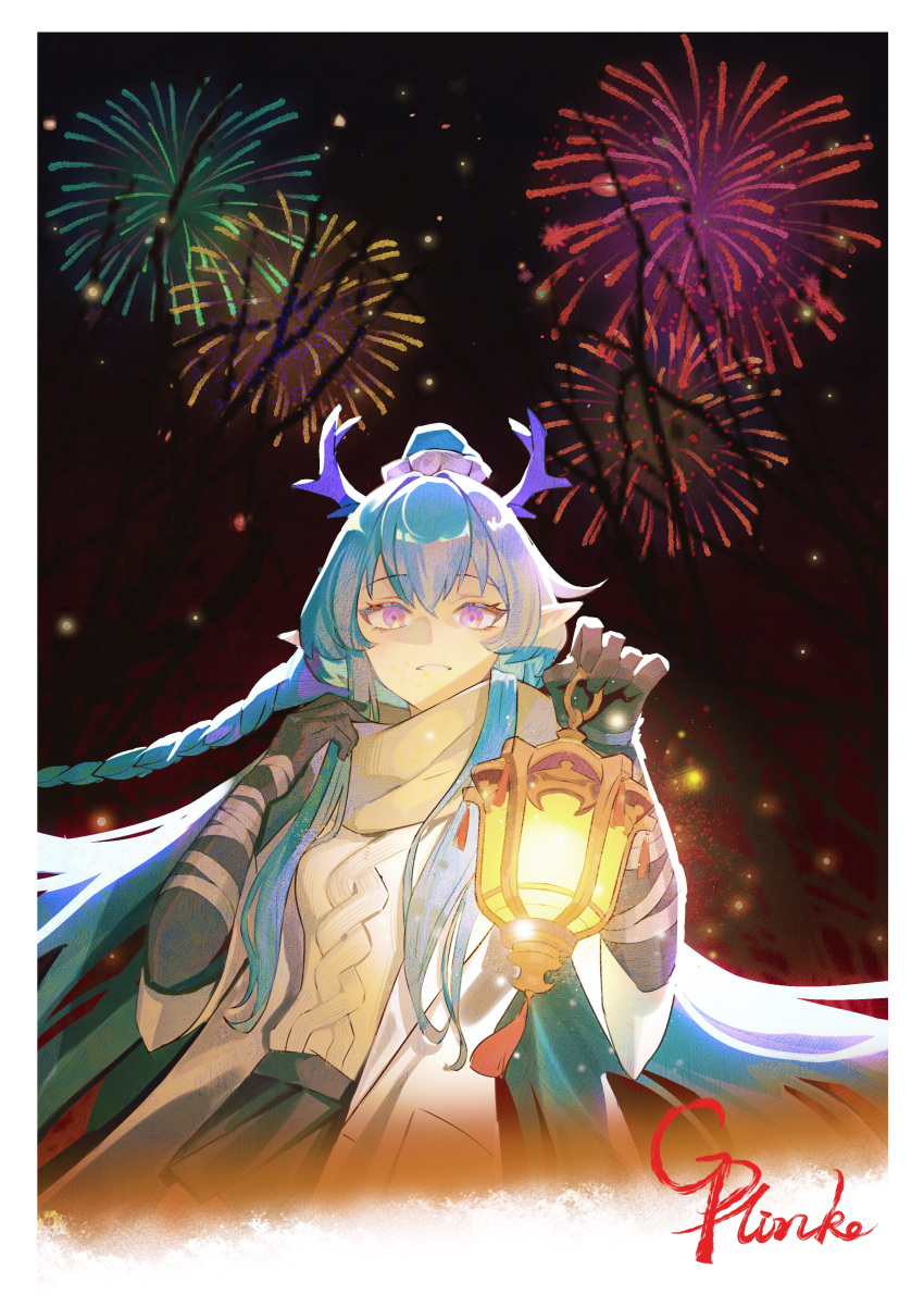 1girl absurdres adjusting_scarf aerial_fireworks aran_sweater arknights bandaged_arm bandages black_sky blue_hair border braid cable_knit chinese_commentary coat colored_extremities commentary_request cropped_legs dragon_girl dragon_horns fireworks hands_up highres holding holding_lantern horns lantern light_particles ling_(arknights) long_hair looking_at_viewer night night_sky open_clothes open_coat pointy_ears purple_eyes purple_horns scarf short_sleeves signature sky smile solo sweater white_border white_coat white_scarf white_sweater yinhepongpong
