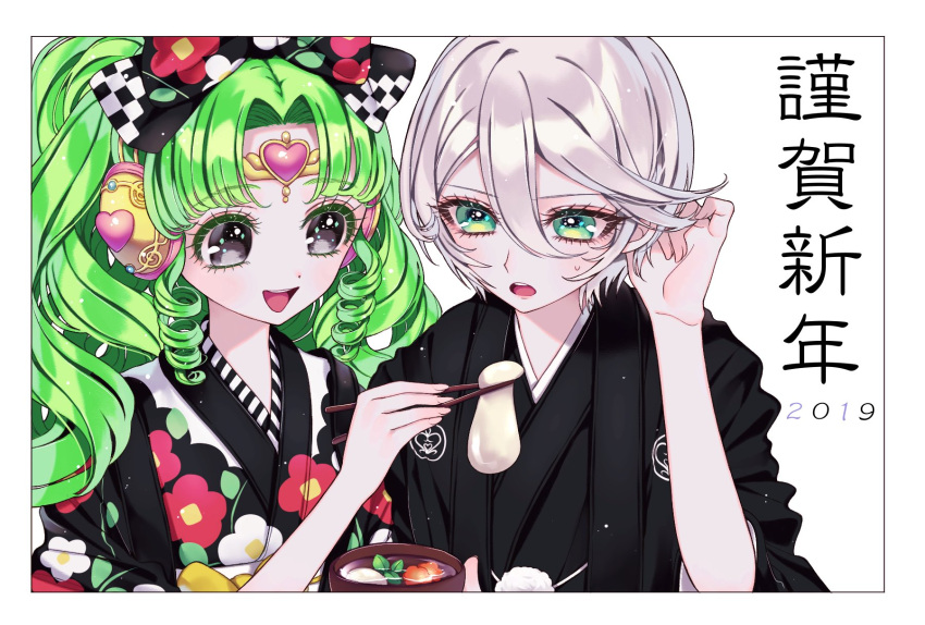 2girls :d adjusting_hair ao_(ao0_0nemu) bad_id bad_twitter_id black_bow black_kimono bow bowl chopsticks colored_eyelashes commentary_request falulu falulu_(awakened) feeding floral_print floral_print_kimono food forehead_jewel green_eyes green_hair grey_eyes grey_hair hair_between_eyes hair_bow hand_up happy_new_year headphones highres holding holding_chopsticks japanese_clothes kimono long_hair long_sleeves mochi multiple_girls open_mouth parted_bangs pretty_series pripara shikyoin_hibiki short_hair sidelocks smile translation_request twintails upper_body white_background