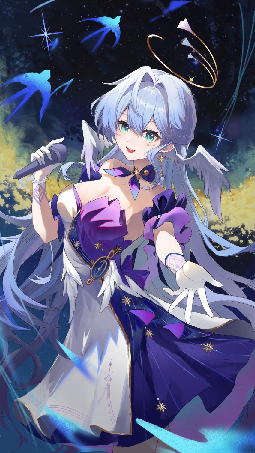 1girl absurdres aqua_eyes bird blue_dress blue_hair bracelet breasts cleavage dress feet_out_of_frame feimao_(fmfeimao) gloves hair_intakes halo hand_up head_wings highres holding holding_microphone honkai:_star_rail honkai_(series) jewelry light_blue_hair long_hair looking_at_viewer microphone multicolored_clothes multicolored_dress musical_note_ornament open_mouth pearl_bracelet purple_dress purple_sleeves robin_(honkai:_star_rail) solo strapless strapless_dress very_long_hair white_dress white_gloves wings