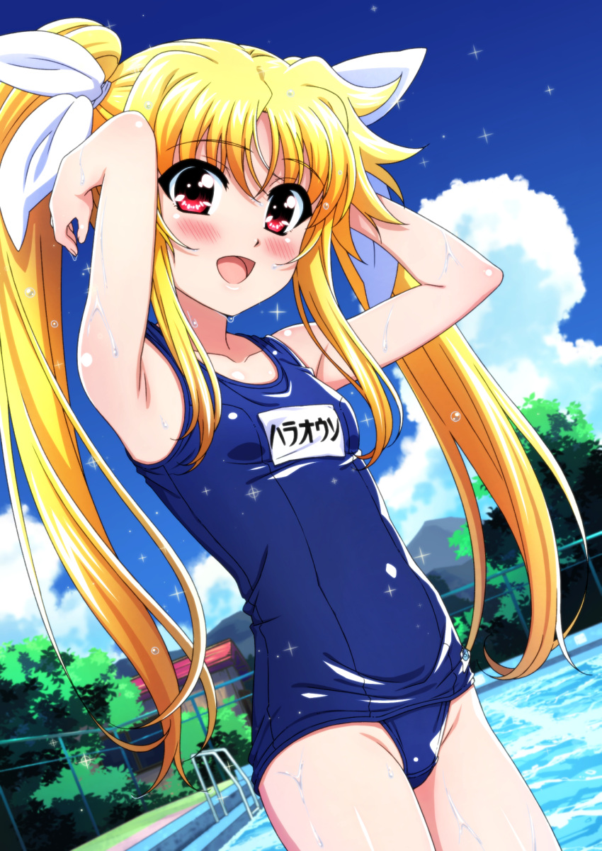 1girl armpits arms_up blonde_hair blush cloud cloudy_sky dutch_angle eyebrows_hidden_by_hair fate_testarossa fence hair_between_eyes hair_ribbon highres hip_bones long_hair looking_at_viewer lyrical_nanoha mahou_shoujo_lyrical_nanoha miyajima_hitoshi open_mouth pool_ladder poolside red_eyes ribbon school_swimsuit sky smile solo swimsuit twintails wet