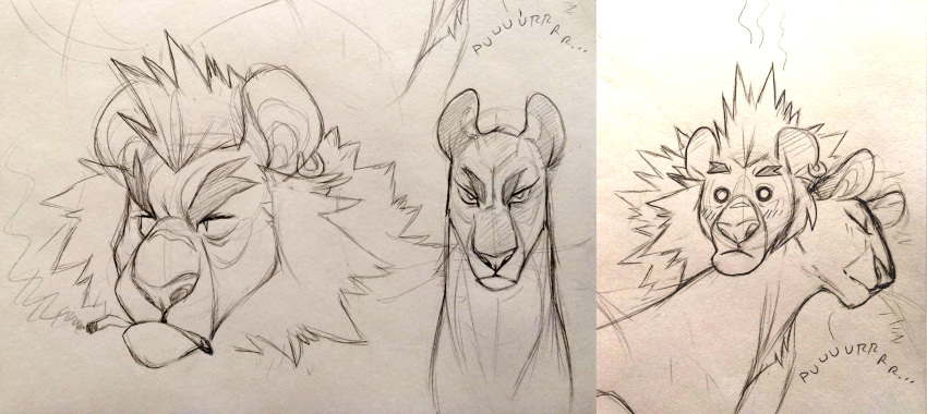 2015 absurd_res alternate_species blush blush_lines cigarette duo ear_piercing ear_ring english_text eyebrows eyes_closed felid female female_feral feral feralized flustered frown fur furrification graphite_(artwork) graystripe64 guide_lines hair hi_res kill_la_kill lion male male/female male_feral mammal mane monochrome nuzzling o_o pantherine piercing ring_piercing satsuki_kiryuin scar sketch smoking smoking_cigarette spiky_hair studio_trigger text thick_eyebrows traditional_media_(artwork) tsumugu_kinagase