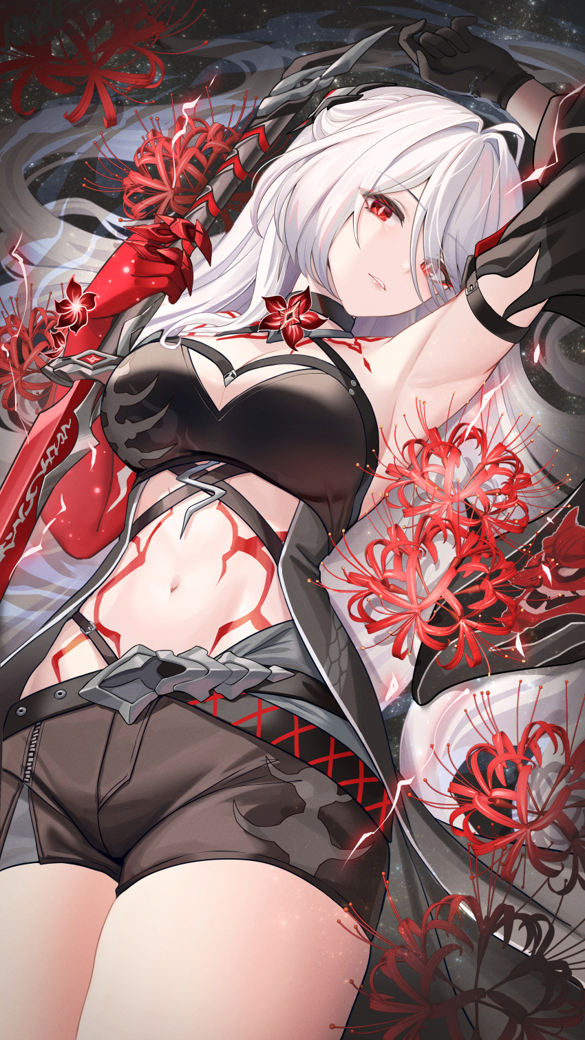 1girl absurdres acheron_(honkai:_star_rail) ahoge arm_up armpits bare_shoulders black_gloves black_shirt black_shorts body_markings breasts clawed_gauntlets cleavage commentary_request cowboy_shot dutch_angle eyes_visible_through_hair flower gloves hair_over_one_eye halterneck head_tilt highres holding holding_sword holding_weapon honkai:_star_rail honkai_(series) katana lalazyt large_breasts legs_together lightning long_hair looking_at_viewer midriff navel parted_lips partial_commentary red_eyes red_flower red_lightning shirt short_shorts shorts sidelocks single_glove sleeveless sleeveless_shirt solo spider_lily stomach sword teeth thick_thighs thighs weapon white_hair