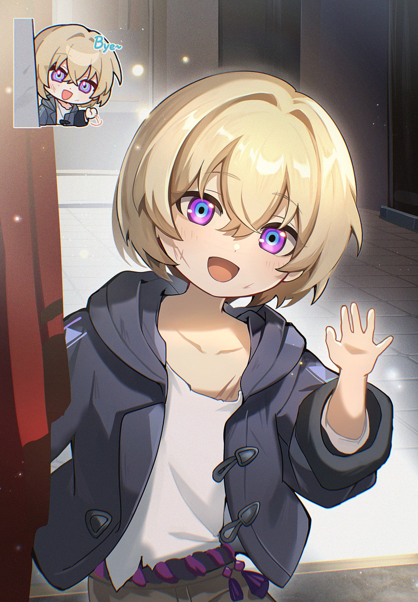 1boy :d absurdres aged_down aventurine_(honkai:_star_rail) blonde_hair highres honkai:_star_rail honkai_(series) hood hood_down hoodie long_sleeves looking_at_viewer male_focus multicolored_eyes open_mouth plus_q shirt short_hair smile solo waving white_shirt