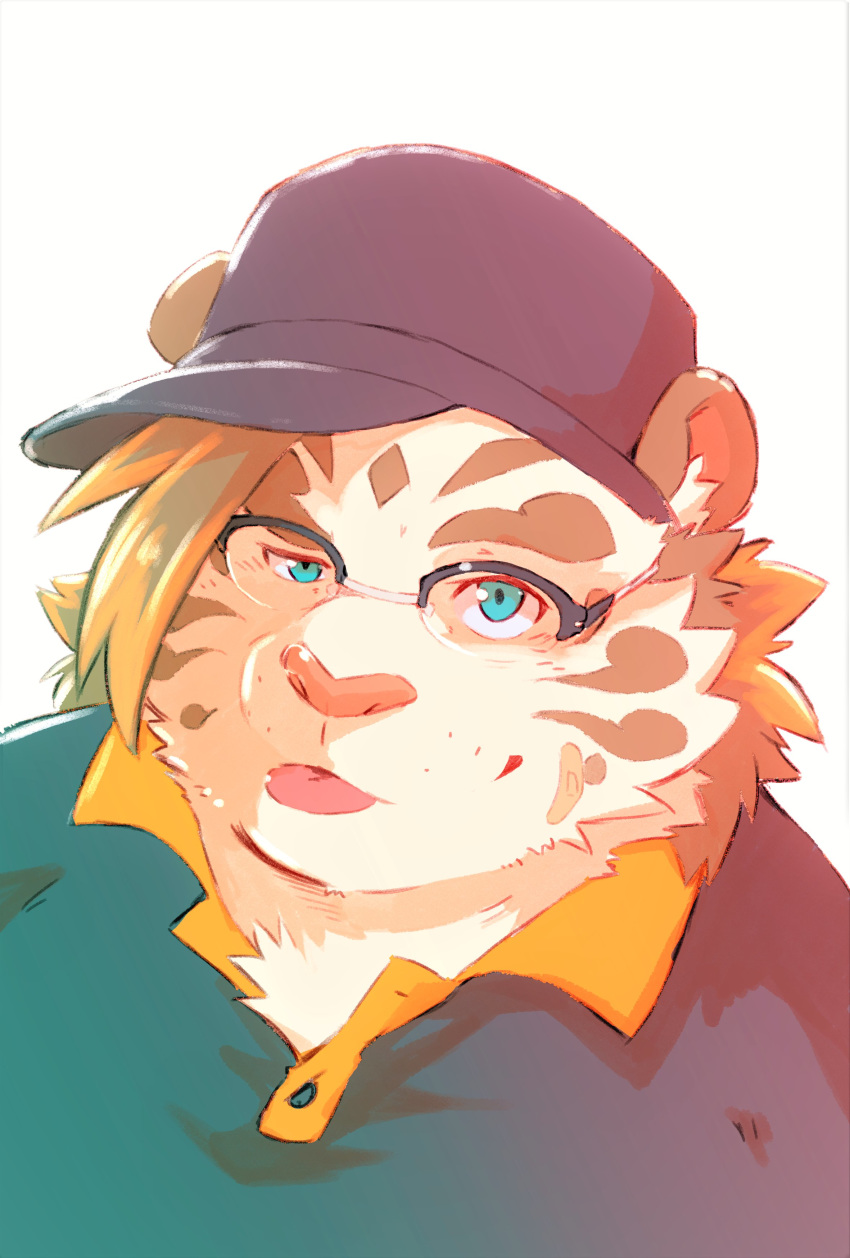 2020 absurd_res anthro blue_eyes clothing eyewear felid fur glasses hat headgear headwear heylaw21 hi_res kemono licho_(tas) mammal overweight overweight_anthro pantherine portrait shirt simple_background solo tiger tokyo_afterschool_summoners tongue tongue_out topwear video_games white_body white_fur
