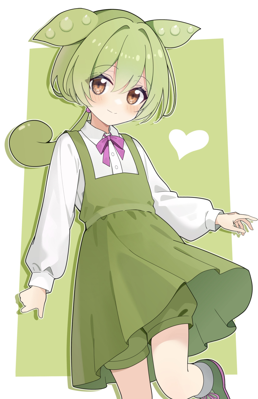 1girl absurdres blush bow bowtie brown_eyes closed_mouth collared_shirt dress earrings edamame foot_out_of_frame green_dress green_footwear green_hair green_shorts green_theme heart highres jewelry long_hair long_sleeves looking_at_viewer low_ponytail odorukaminoke pea_pod pink_bow pink_bowtie puffy_shorts puffy_sleeves shirt shorts simple_background smile solo standing standing_on_one_leg voicevox white_shirt zundamon