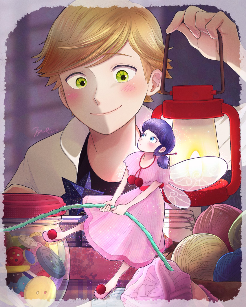 1boy 1girl adrien_agreste black_shirt blonde_hair blue_eyes blue_hair blush buttons catnoir_love closed_mouth dress fairy fairy_wings green_eyes highres holding_lamp jacket jar knitting lamp looking_at_another marinette_dupain-cheng miraculous_ladybug open_clothes open_jacket pink_dress shirt short_twintails smile twintails white_jacket wings wool