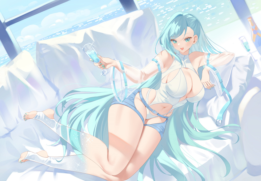 1girl barefoot blue_eyes blue_hair bottle breasts couch cup curvy highres holding holding_cup large_breasts long_hair looking_at_viewer lying nail_polish navel on_side original smile solo thick_thighs thighs zzo_(chorizzzzo)