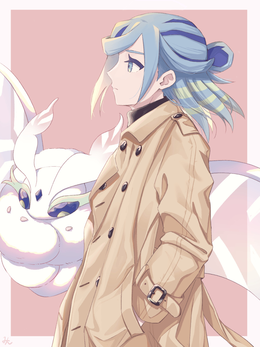 1boy alternate_costume blue_hair border brown_coat buttons closed_mouth coat commentary_request eyelashes from_side frosmoth grusha_(pokemon) hair_bun hand_in_pocket highres long_hair long_sleeves male_focus min_(myna8247) pink_background pokemon pokemon_(creature) pokemon_sv sweater white_border