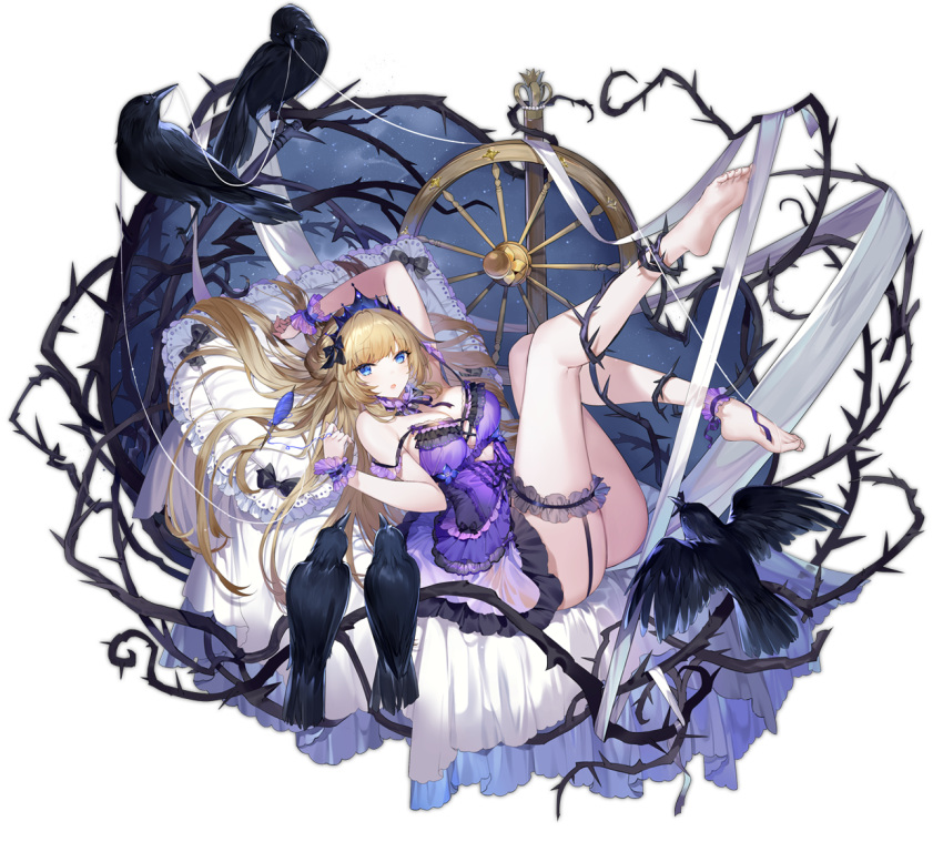 1girl ankle_cuffs ark_order babydoll bare_legs bare_shoulders barefoot bed_sheet bird black_bow blonde_hair blue_eyes bow breasts bridal_garter crow crown crystal flower full_body hair_bow hatoyama_itsuru large_breasts looking_at_viewer lying official_art on_back open_mouth pillow purple_babydoll rose sleeping_beauty sleeping_beauty_(ark_order) sleeping_beauty_(character) solo spindle spinning_wheel tachi-e thorns transparent_background white_flower white_rose wrist_cuffs