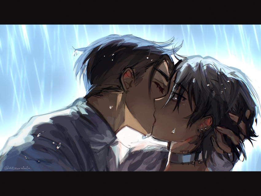 2boys alcherainia alien_stage black_hair choker ear_piercing grey_hair highres holding ivan_(alien_stage) kiss male_focus multiple_boys neck_tattoo piercing rain shirt short_hair simple_background tattoo till_(alien_stage) very_short_hair white_shirt yaoi